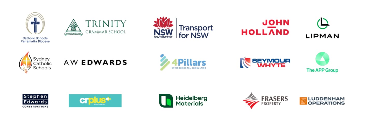 Logos of Artea Green Ventures clients including Transport for NSW, John Holland, Lipman, Trinity Grammar School, Frasers Property and Heidelberg Materials